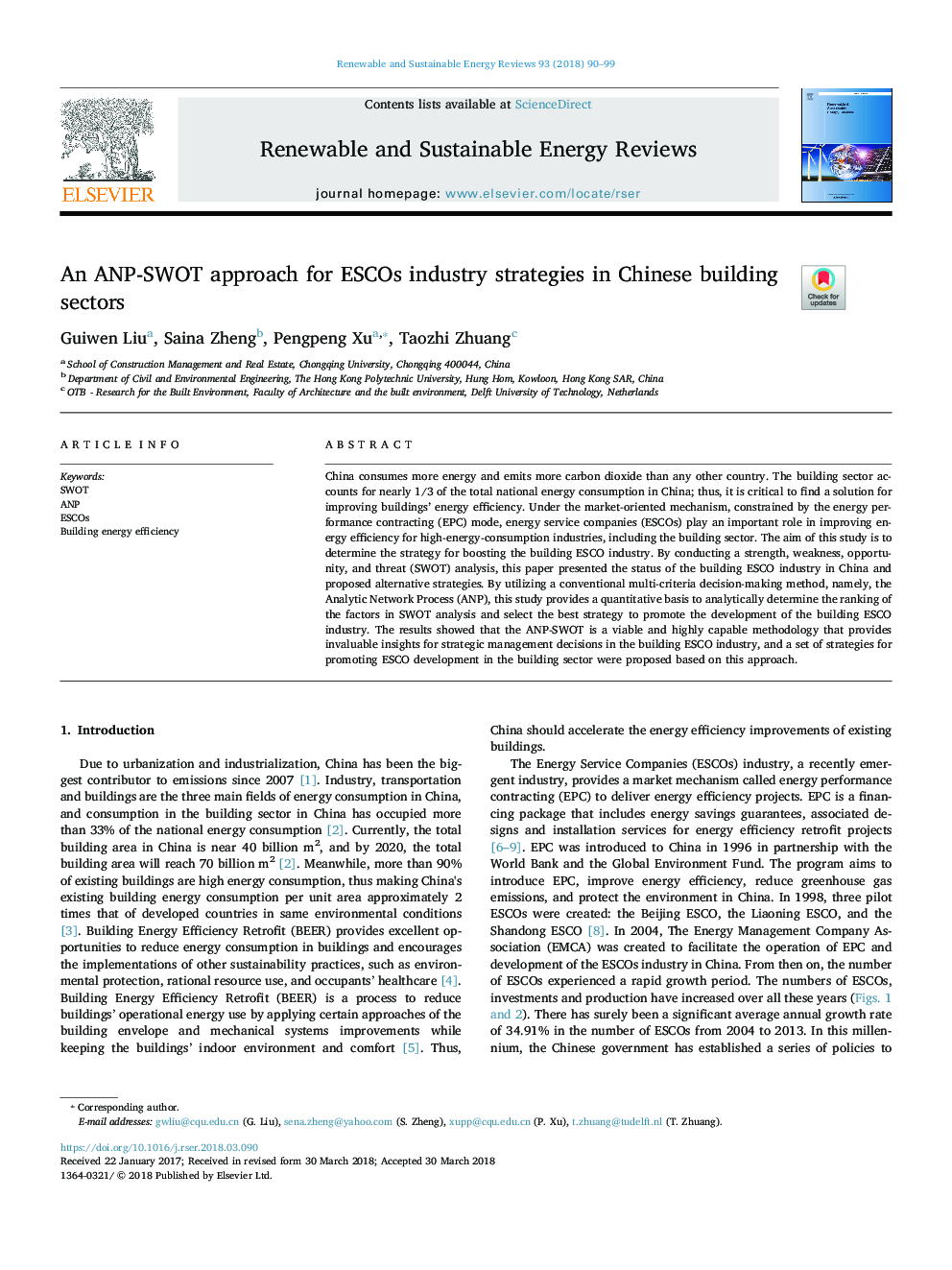 An ANP-SWOT approach for ESCOs industry strategies in Chinese building sectors