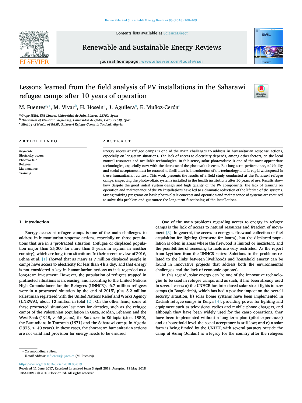 Lessons learned from the field analysis of PV installations in the Saharawi refugee camps after 10 years of operation