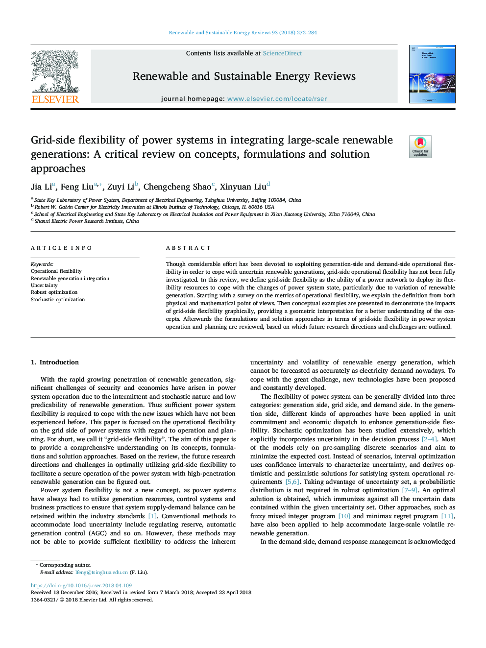 Grid-side flexibility of power systems in integrating large-scale renewable generations: A critical review on concepts, formulations and solution approaches