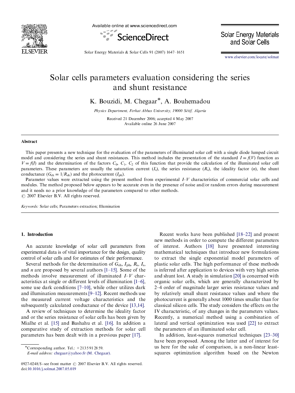 Solar cells parameters evaluation considering the series and shunt resistance