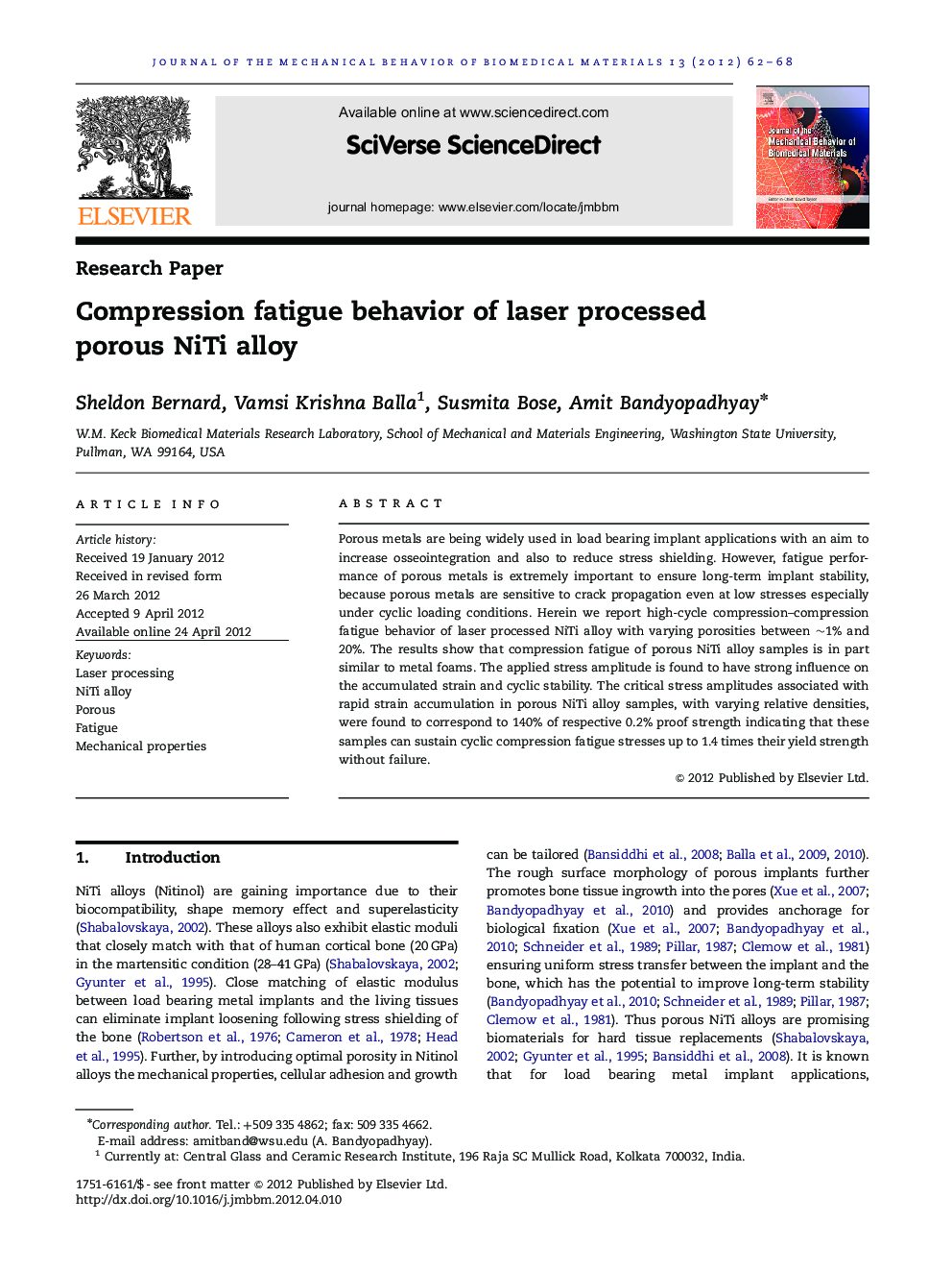 Compression fatigue behavior of laser processed porous NiTi alloy