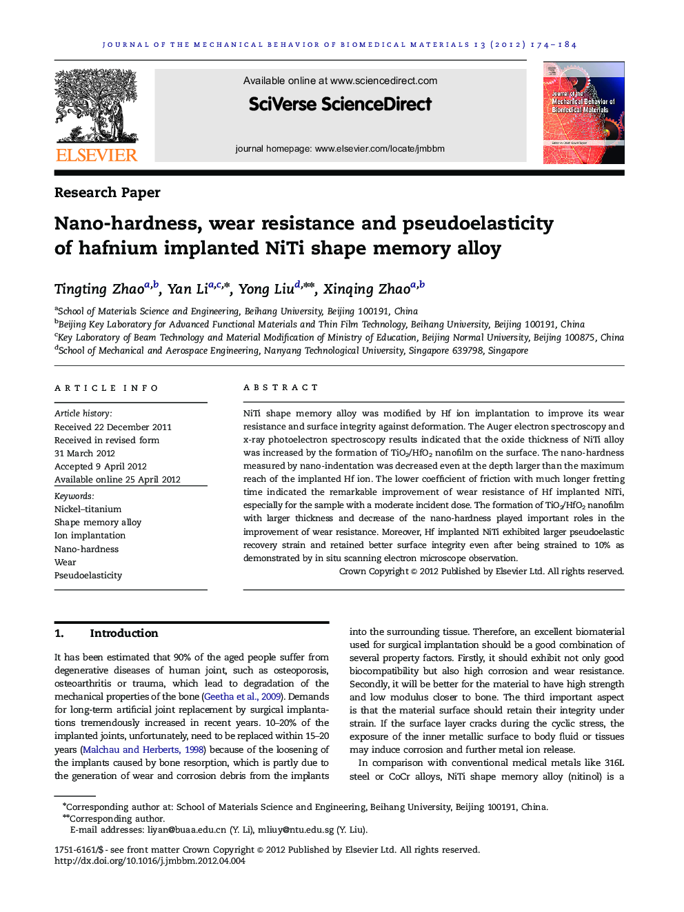 Nano-hardness, wear resistance and pseudoelasticity of hafnium implanted NiTi shape memory alloy