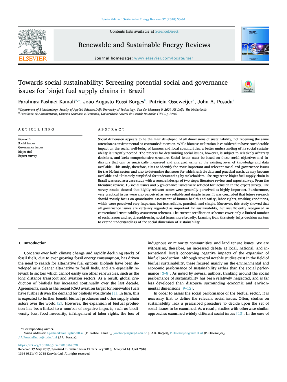 Towards social sustainability: Screening potential social and governance issues for biojet fuel supply chains in Brazil