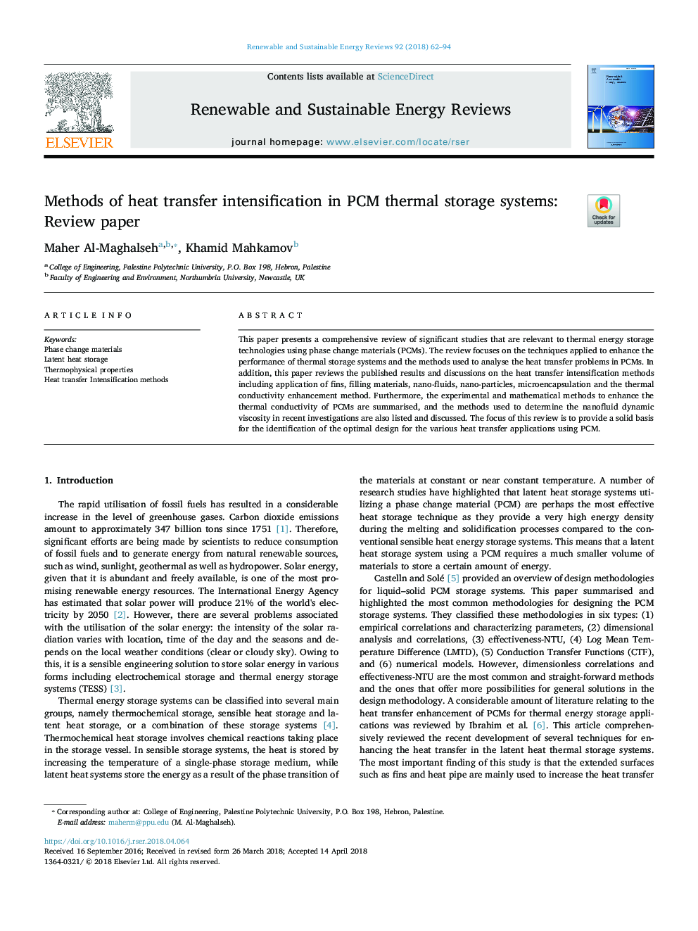 Methods of heat transfer intensification in PCM thermal storage systems: Review paper