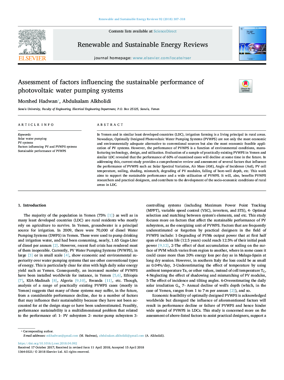 Assessment of factors influencing the sustainable performance of photovoltaic water pumping systems