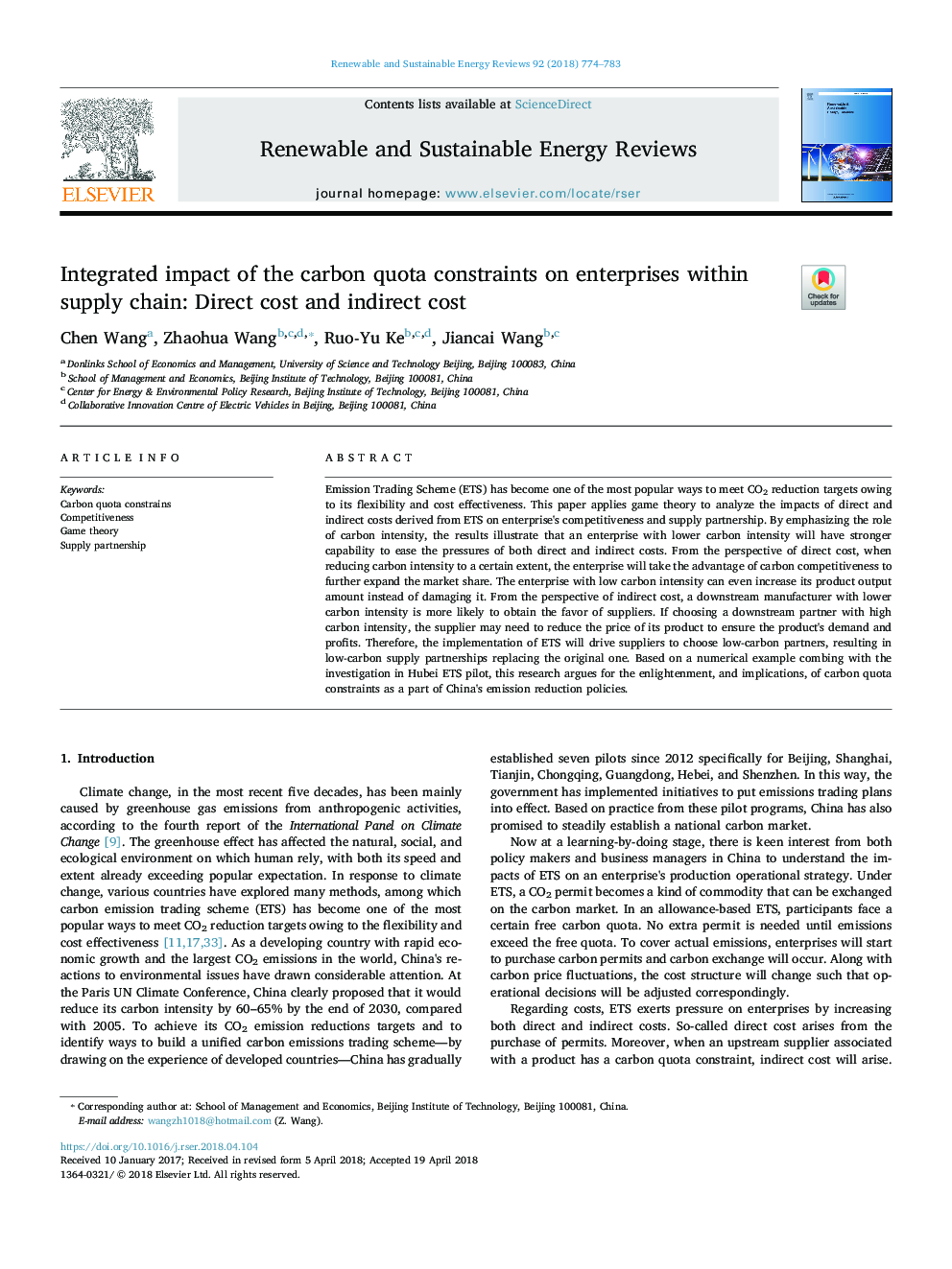 Integrated impact of the carbon quota constraints on enterprises within supply chain: Direct cost and indirect cost