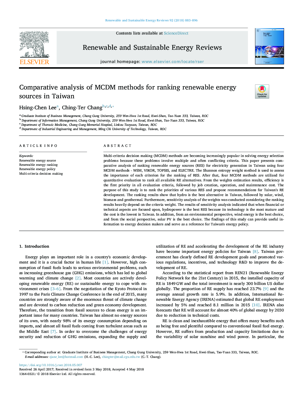 Comparative analysis of MCDM methods for ranking renewable energy sources in Taiwan