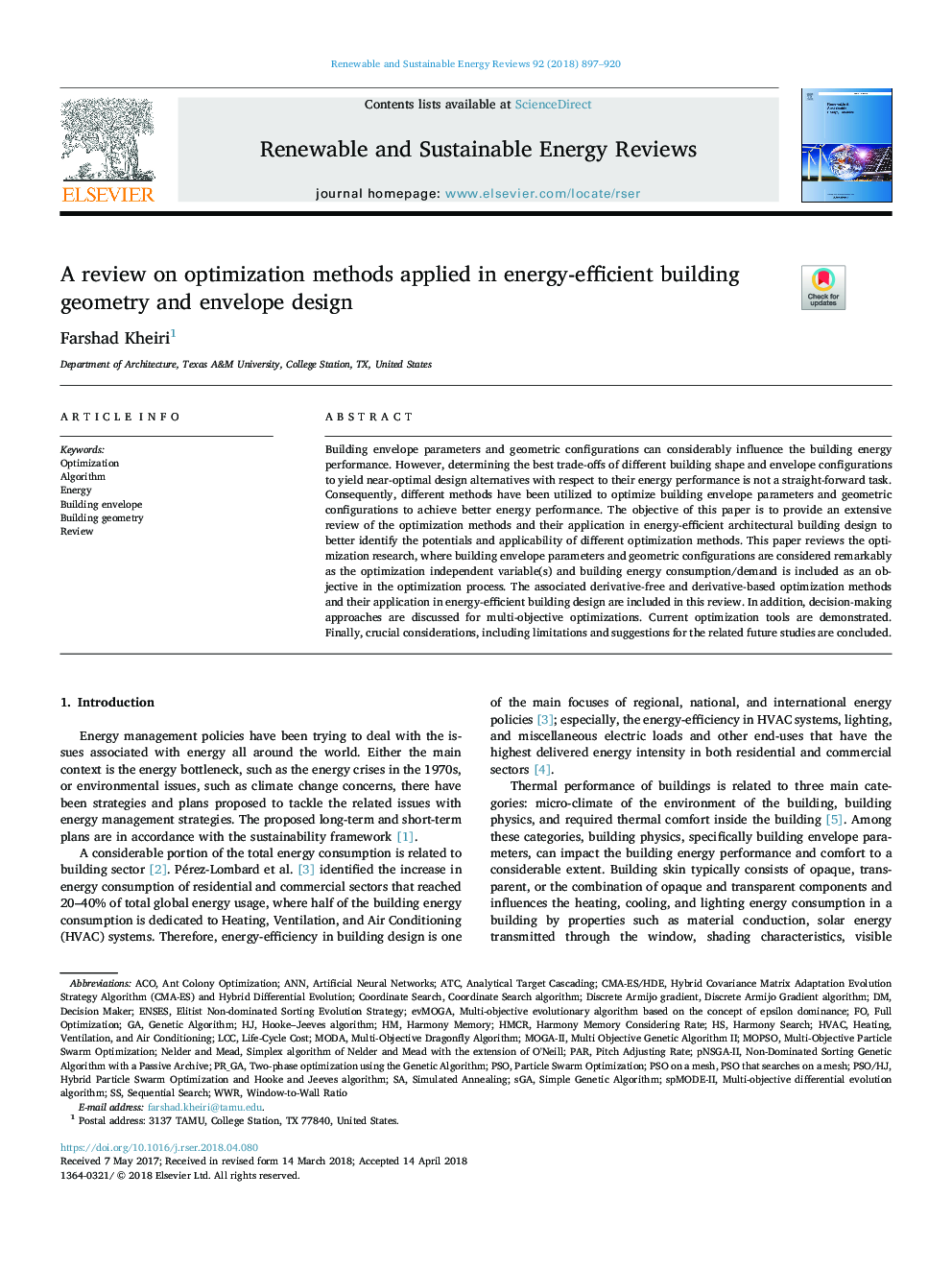 A review on optimization methods applied in energy-efficient building geometry and envelope design