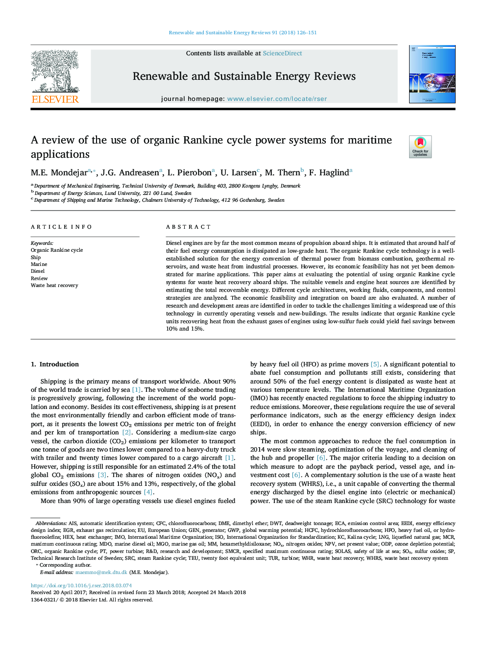 A review of the use of organic Rankine cycle power systems for maritime applications