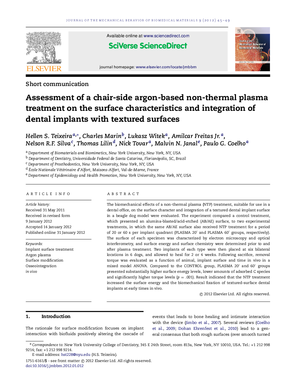 Assessment of a chair-side argon-based non-thermal plasma treatment on the surface characteristics and integration of dental implants with textured surfaces