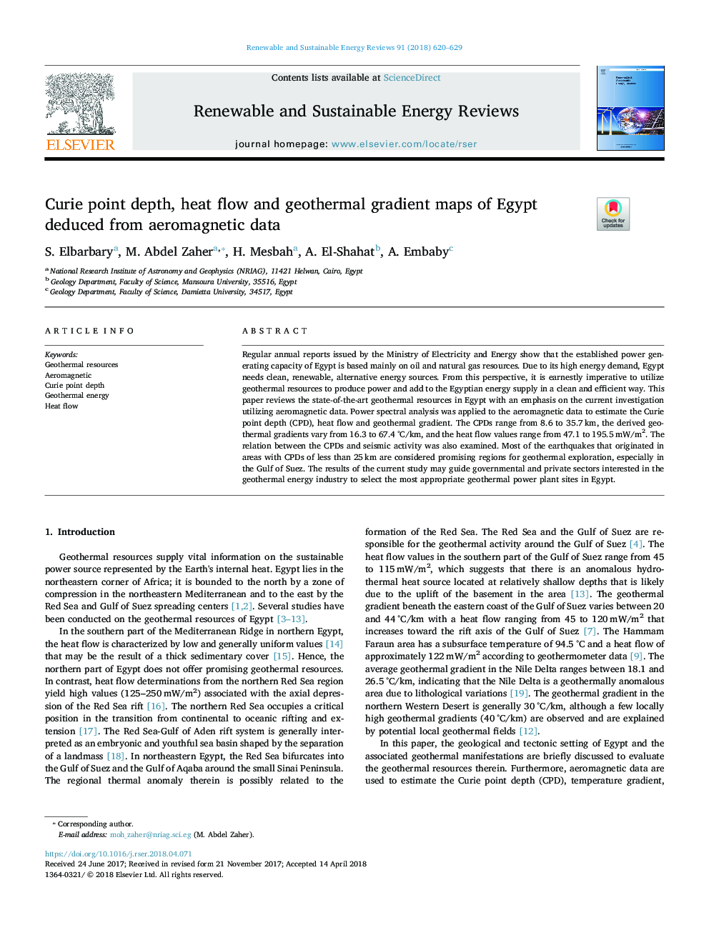 Curie point depth, heat flow and geothermal gradient maps of Egypt deduced from aeromagnetic data