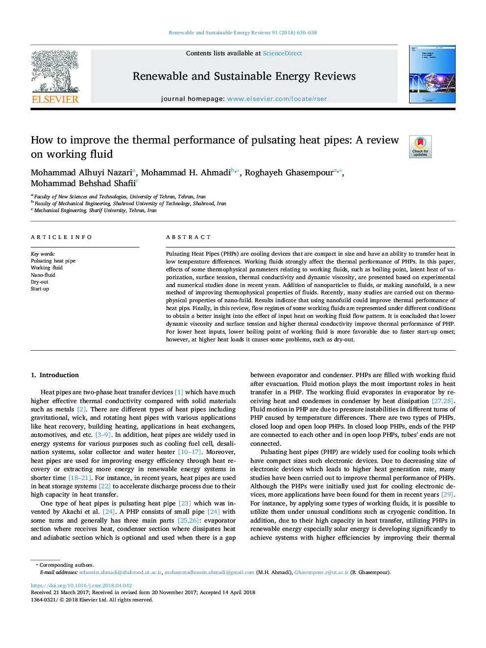 How to improve the thermal performance of pulsating heat pipes: A review on working fluid