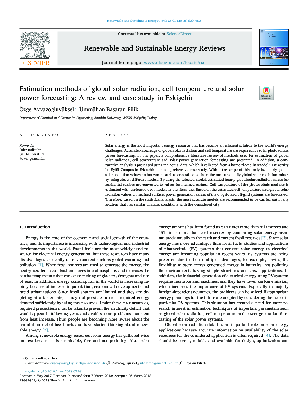 Estimation methods of global solar radiation, cell temperature and solar power forecasting: A review and case study in EskiÅehir
