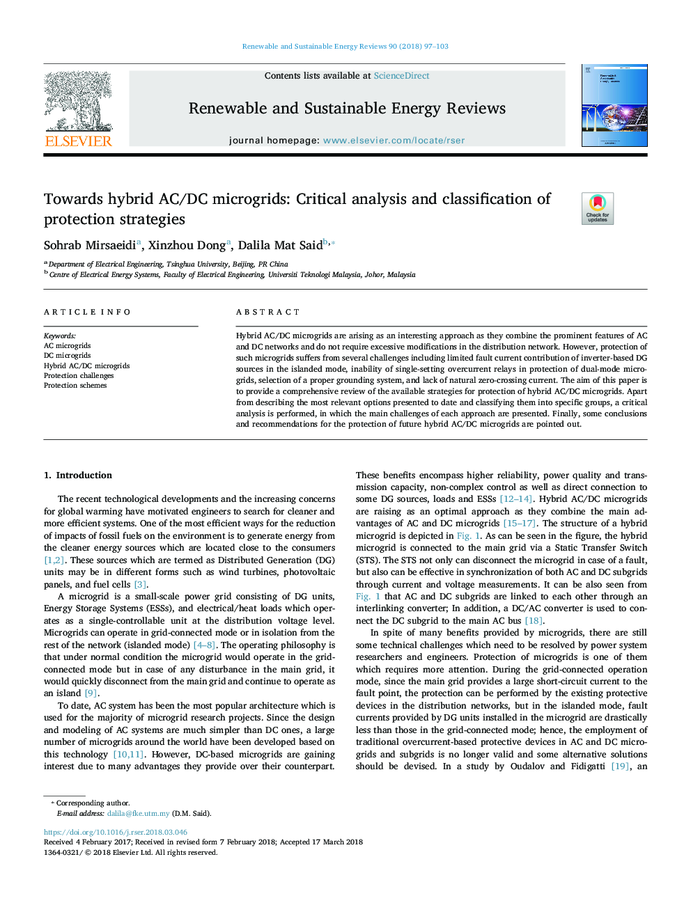 Towards hybrid AC/DC microgrids: Critical analysis and classification of protection strategies