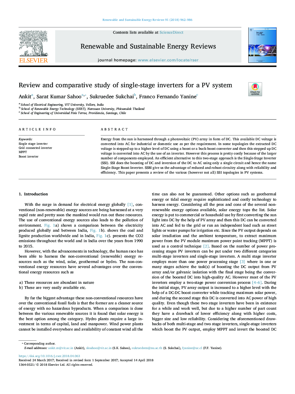 Review and comparative study of single-stage inverters for a PV system