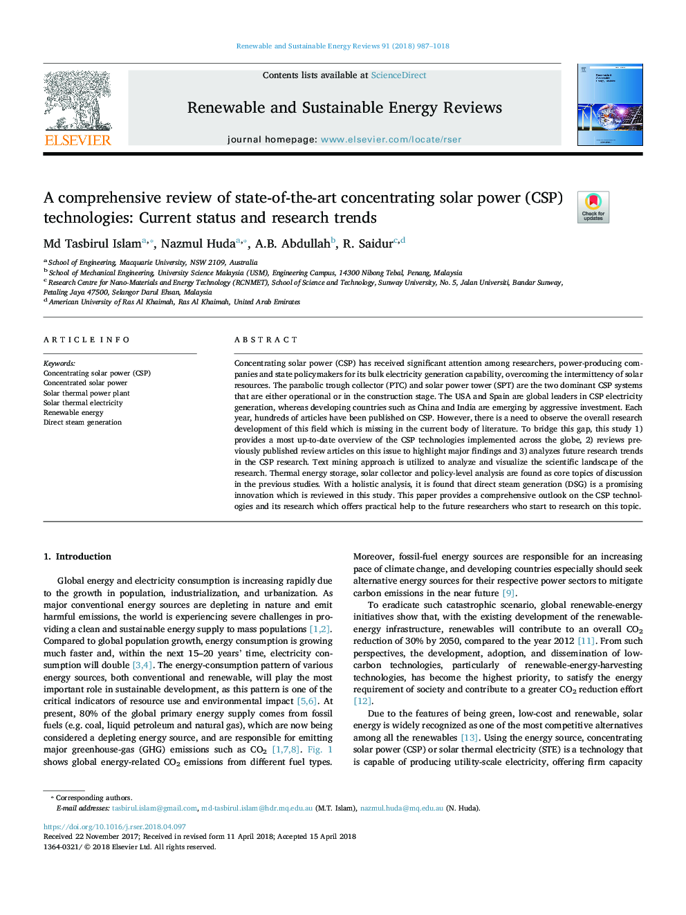 A comprehensive review of state-of-the-art concentrating solar power (CSP) technologies: Current status and research trends