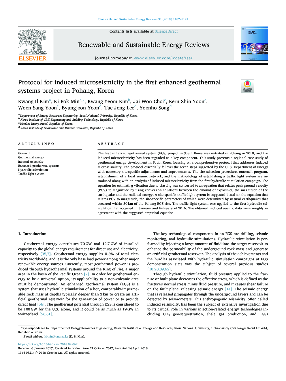 Protocol for induced microseismicity in the first enhanced geothermal systems project in Pohang, Korea