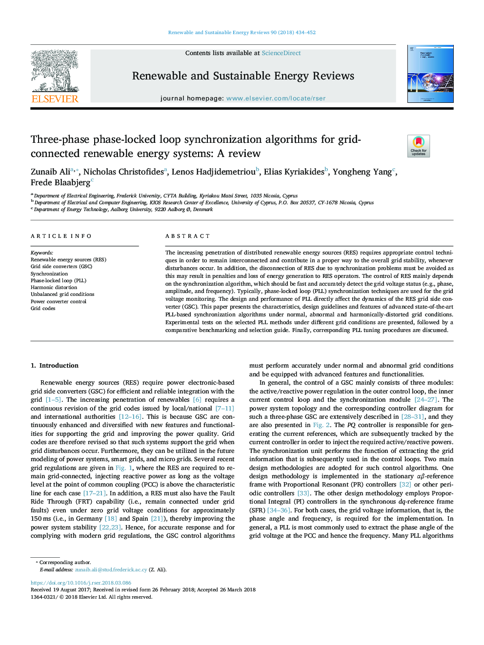 Three-phase phase-locked loop synchronization algorithms for grid-connected renewable energy systems: A review