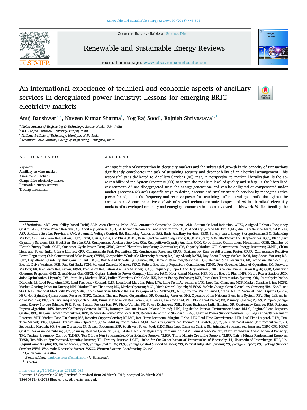 An international experience of technical and economic aspects of ancillary services in deregulated power industry: Lessons for emerging BRIC electricity markets