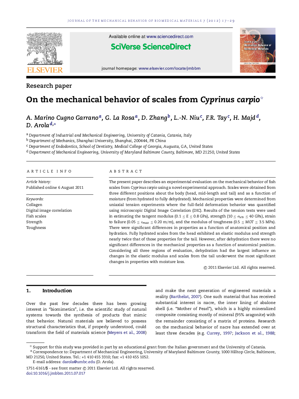 On the mechanical behavior of scales from Cyprinus carpio 