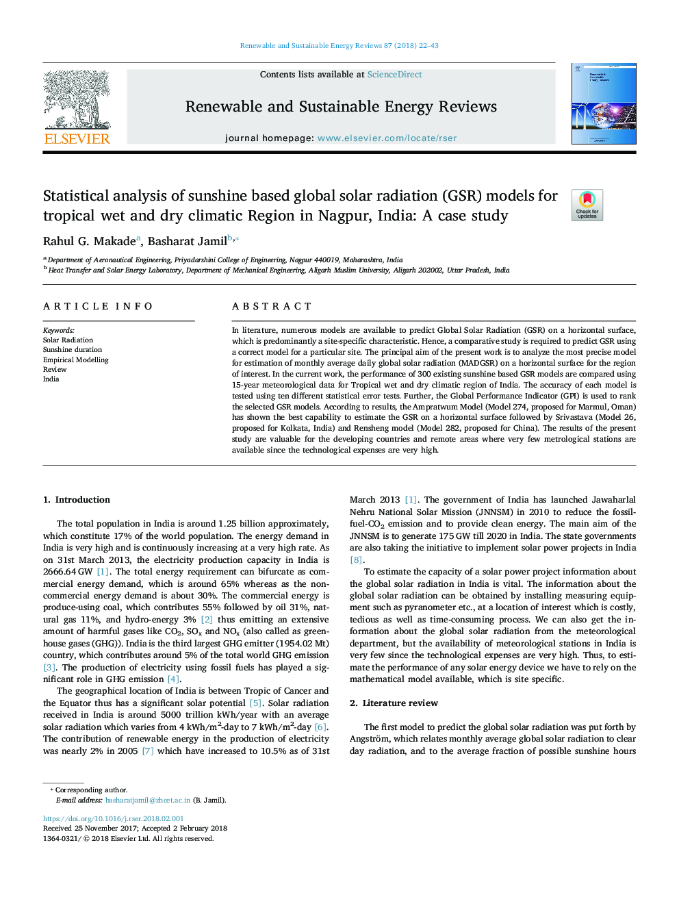 Statistical analysis of sunshine based global solar radiation (GSR) models for tropical wet and dry climatic Region in Nagpur, India: A case study