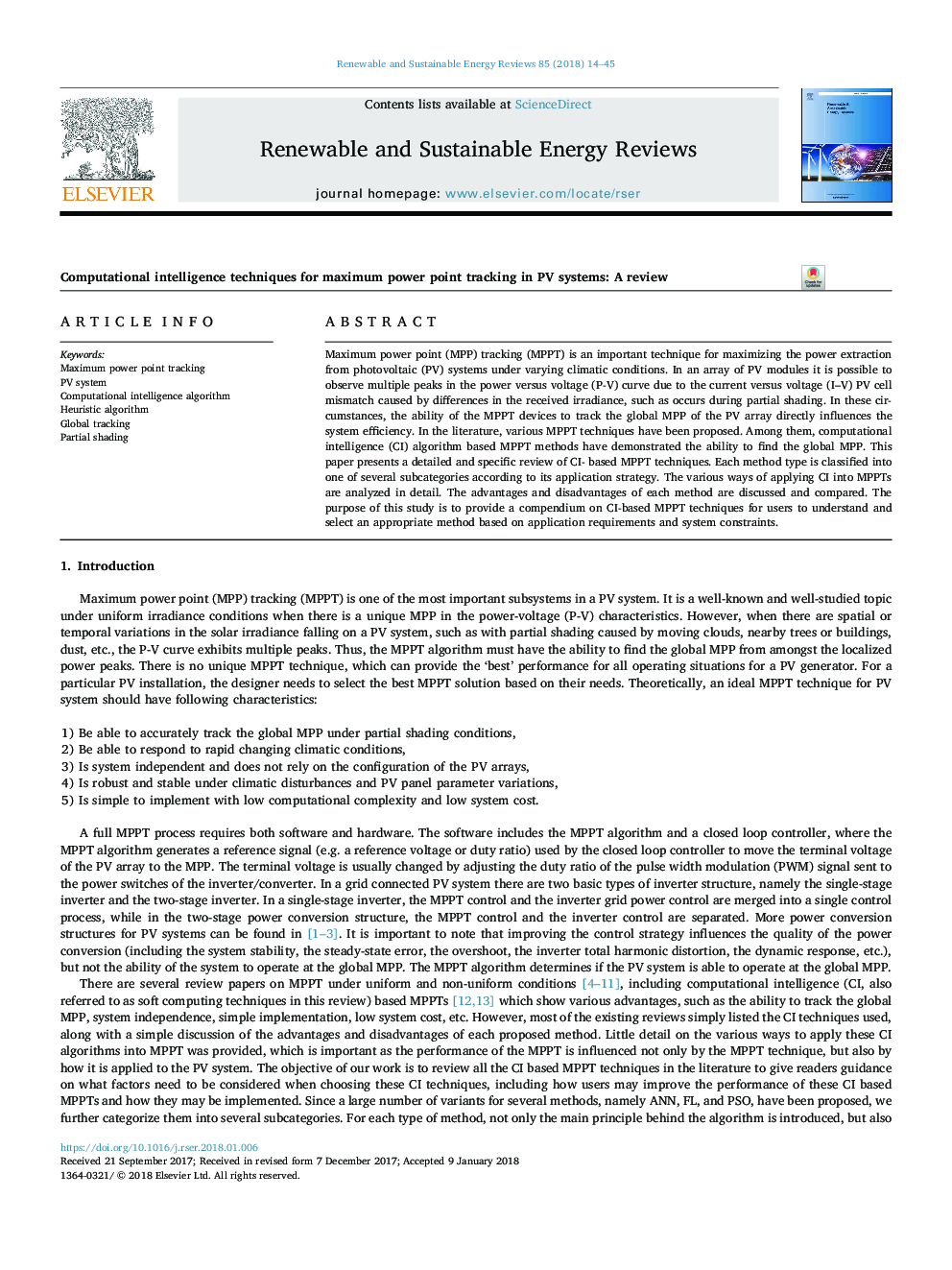 Computational intelligence techniques for maximum power point tracking in PV systems: A review