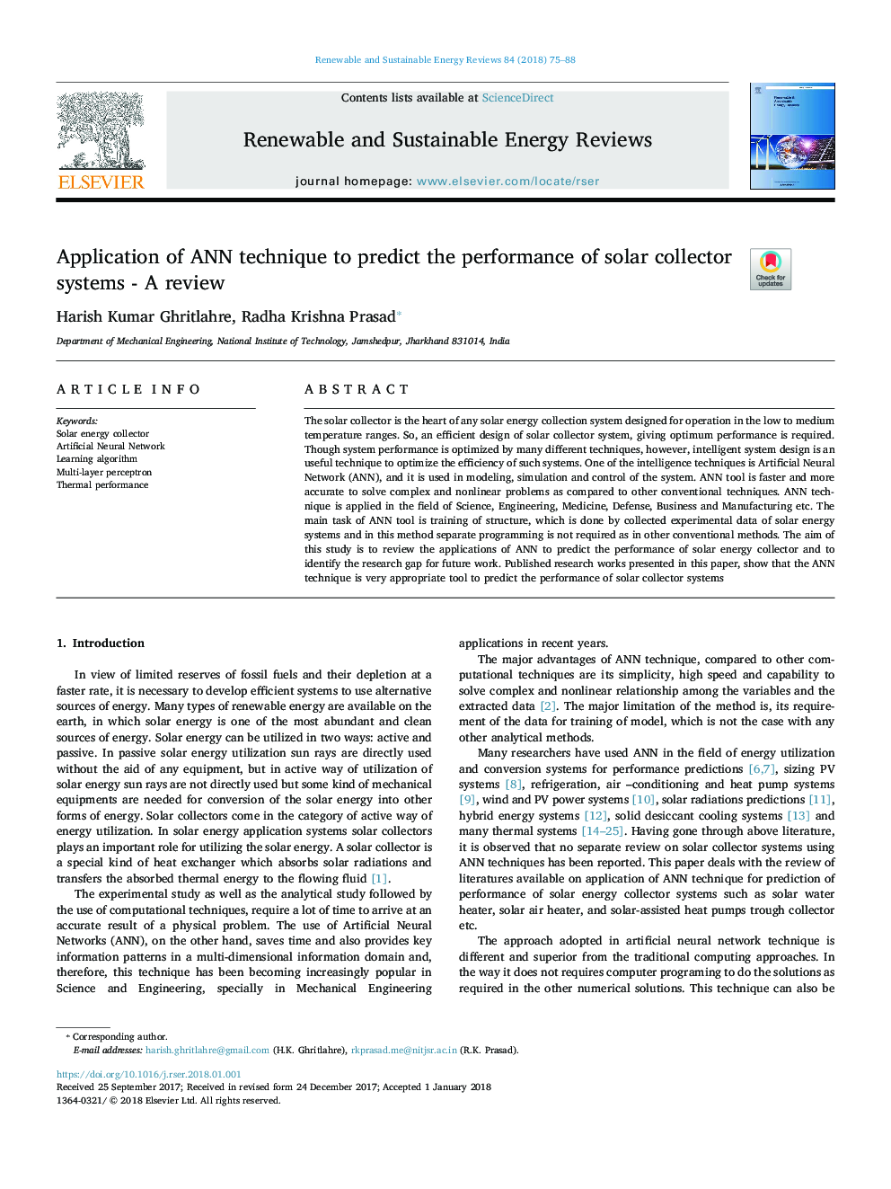 Application of ANN technique to predict the performance of solar collector systems - A review