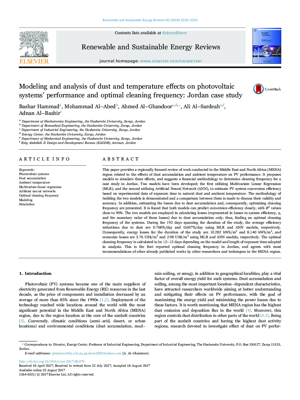 مدلسازی و تجزیه و تحلیل اثرات گرد و غبار و دما بر عملکرد سیستم های فتوولتائیک و فرآیند تمیز کردن بهینه: مطالعه موردی اردن 