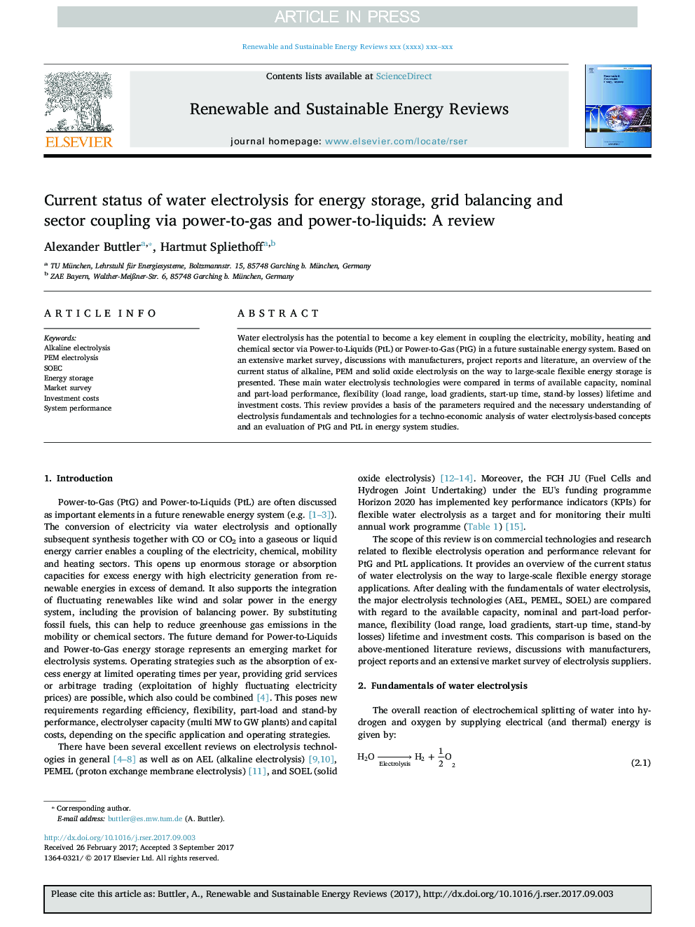 وضعیت فعلی الکترولیز آب برای ذخیره انرژی، تعادل شبکه و اتصال بخش از طریق قدرت به گاز و قدرت به مایعات: بررسی 
