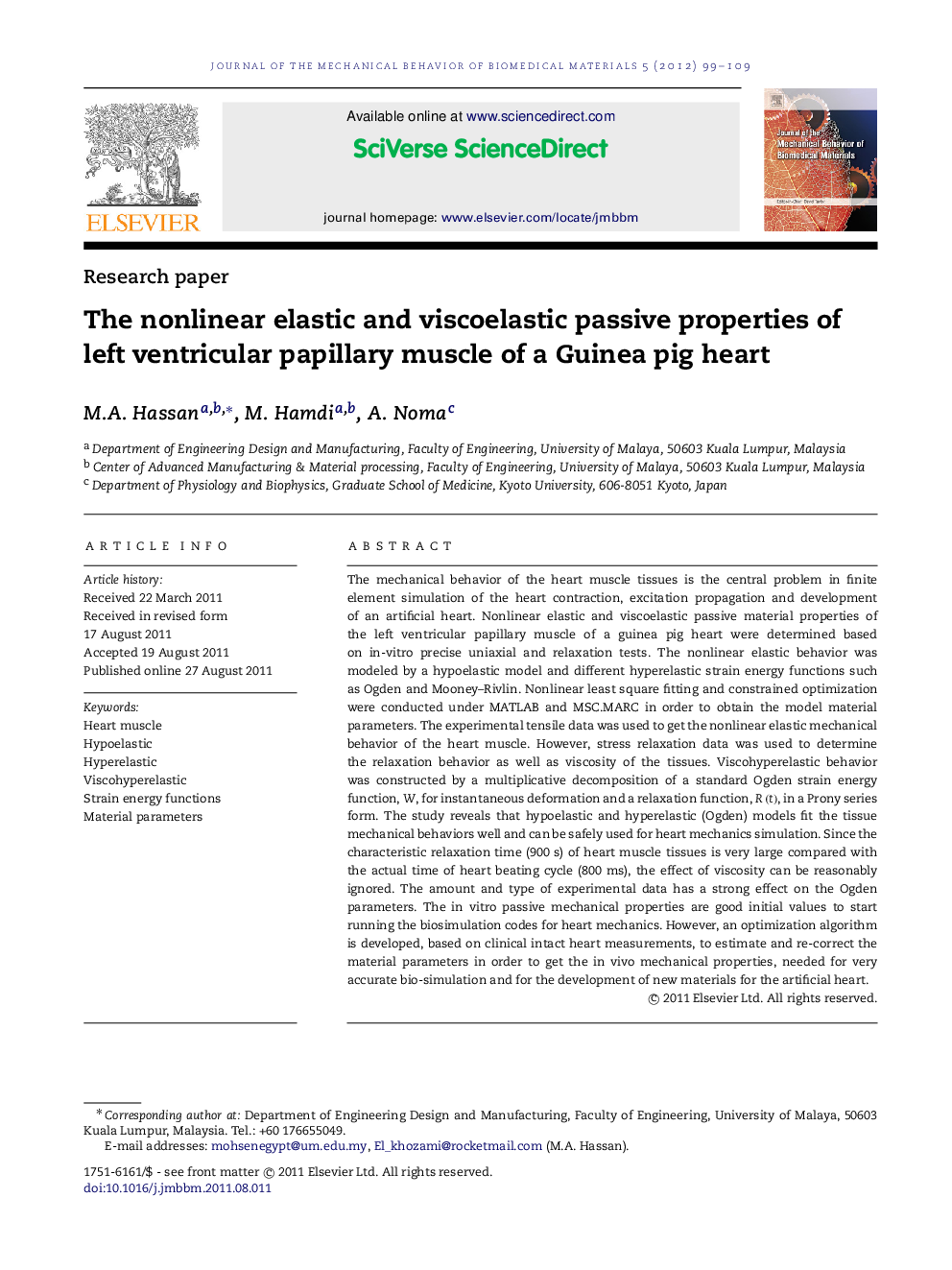 The nonlinear elastic and viscoelastic passive properties of left ventricular papillary muscle of a Guinea pig heart