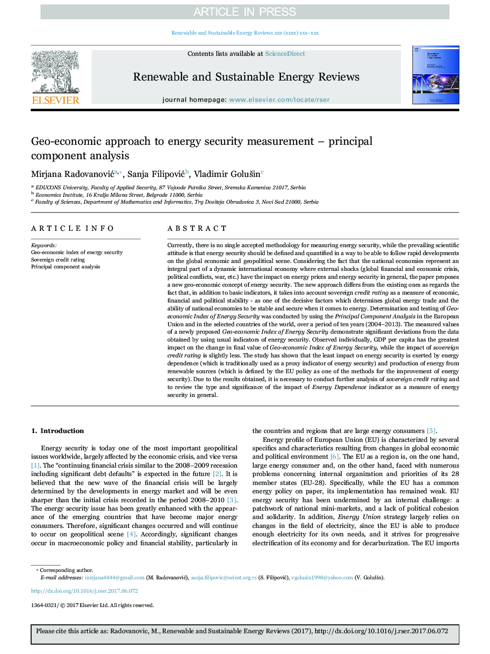 Geo-economic approach to energy security measurement - principal component analysis