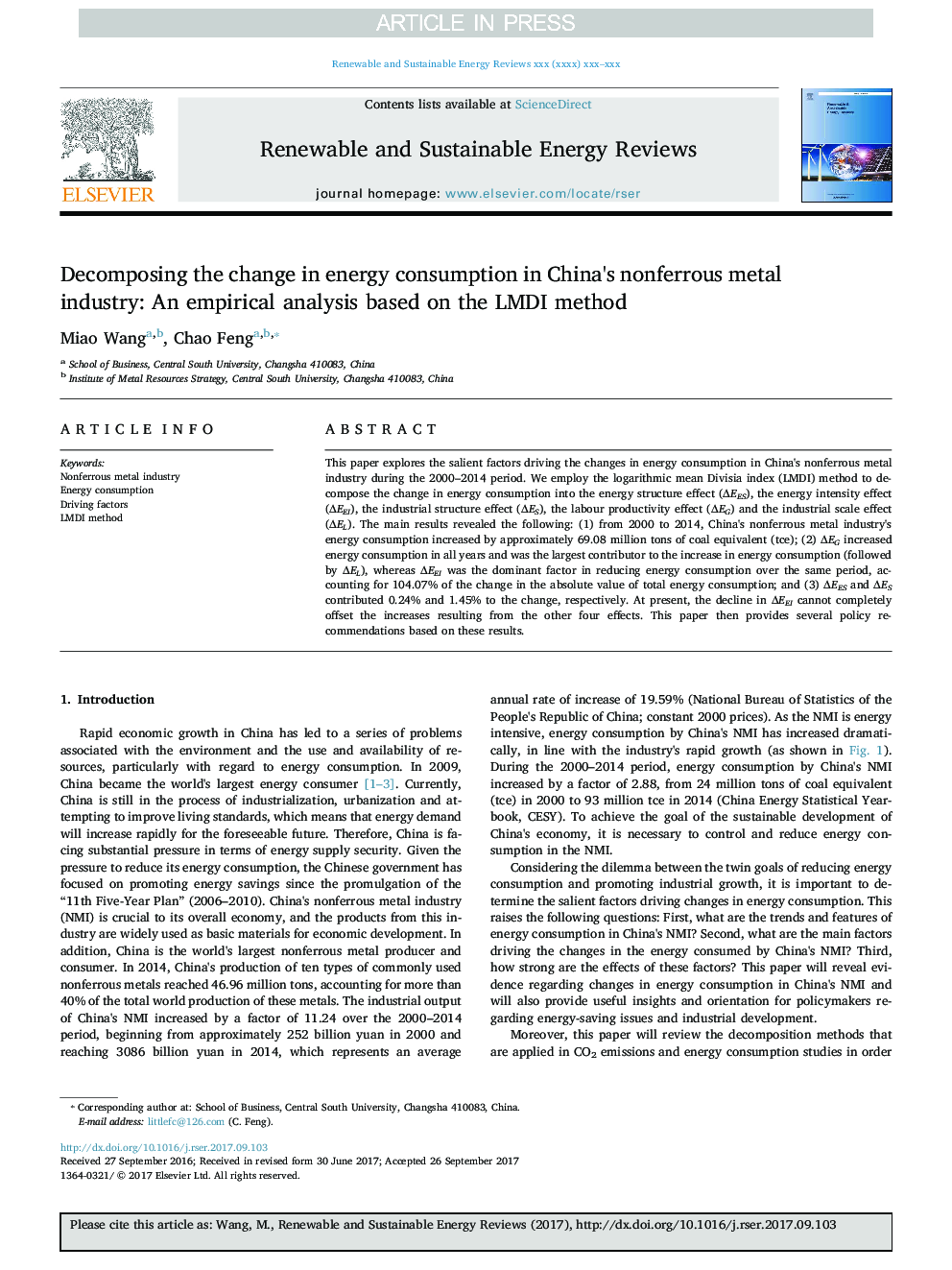 Decomposing the change in energy consumption in China's nonferrous metal industry: An empirical analysis based on the LMDI method