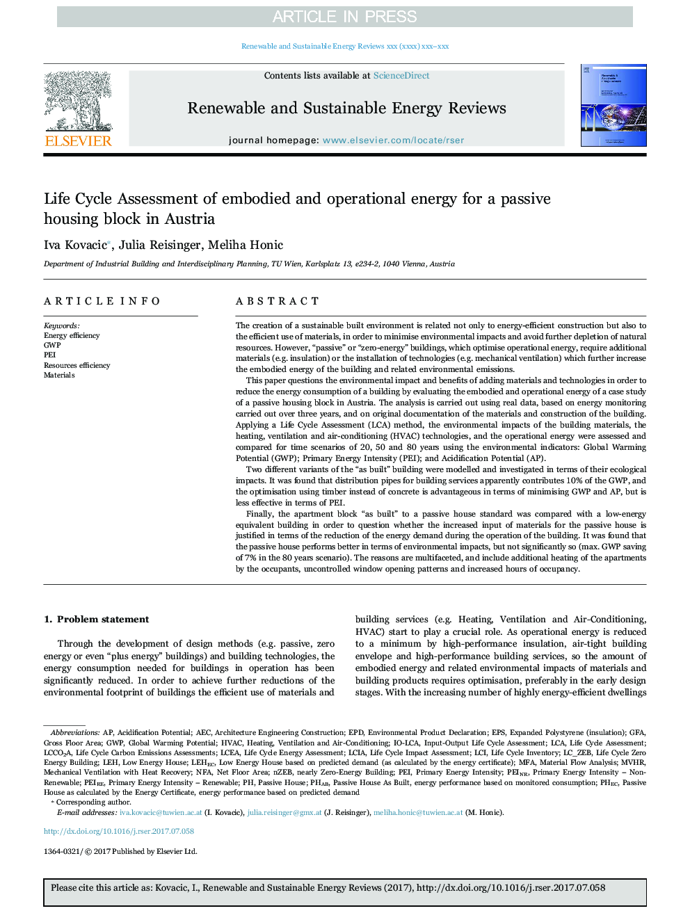 Life Cycle Assessment of embodied and operational energy for a passive housing block in Austria