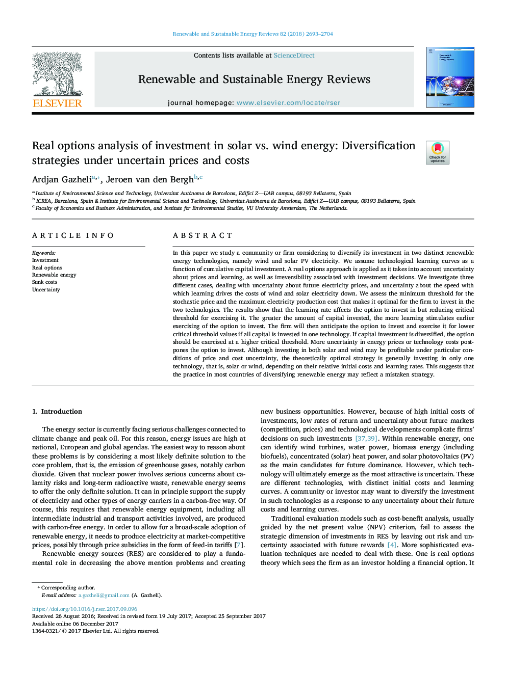 Real options analysis of investment in solar vs. wind energy: Diversification strategies under uncertain prices and costs