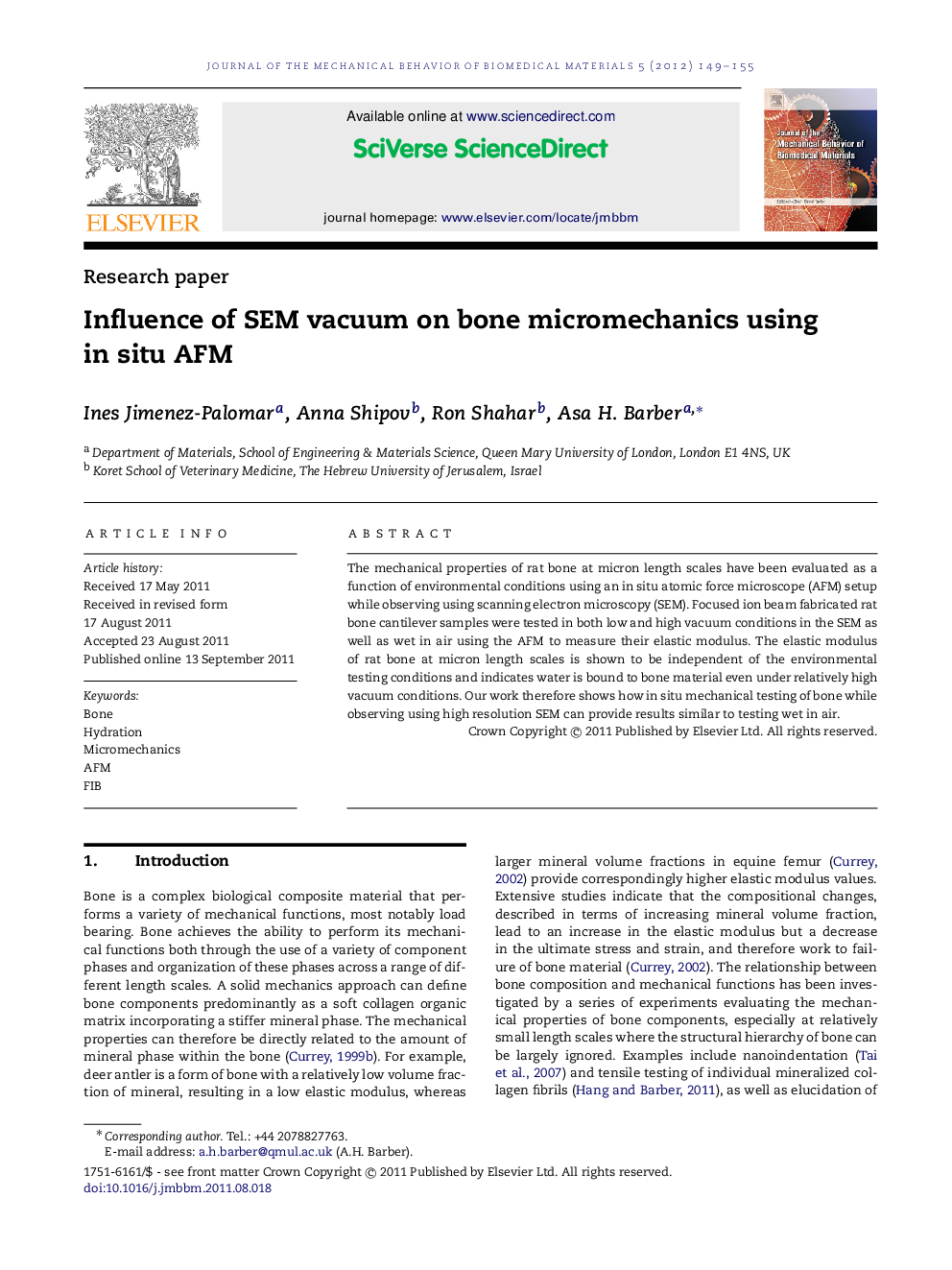 Influence of SEM vacuum on bone micromechanics using in situ AFM