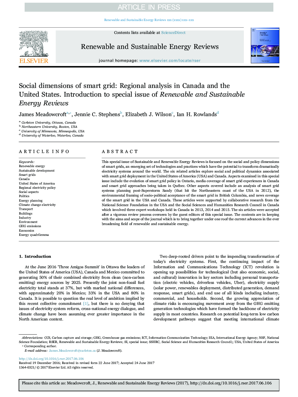 Social dimensions of smart grid: Regional analysis in Canada and the United States. Introduction to special issue of Renewable and Sustainable Energy Reviews