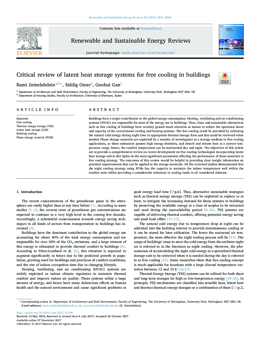 Critical review of latent heat storage systems for free cooling in buildings