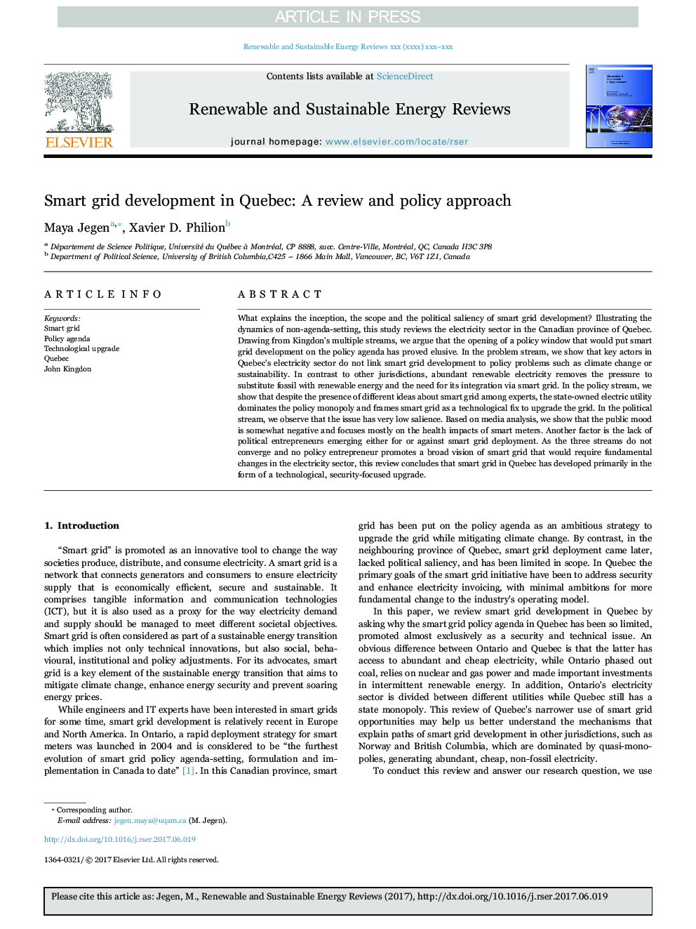 Smart grid development in Quebec: A review and policy approach