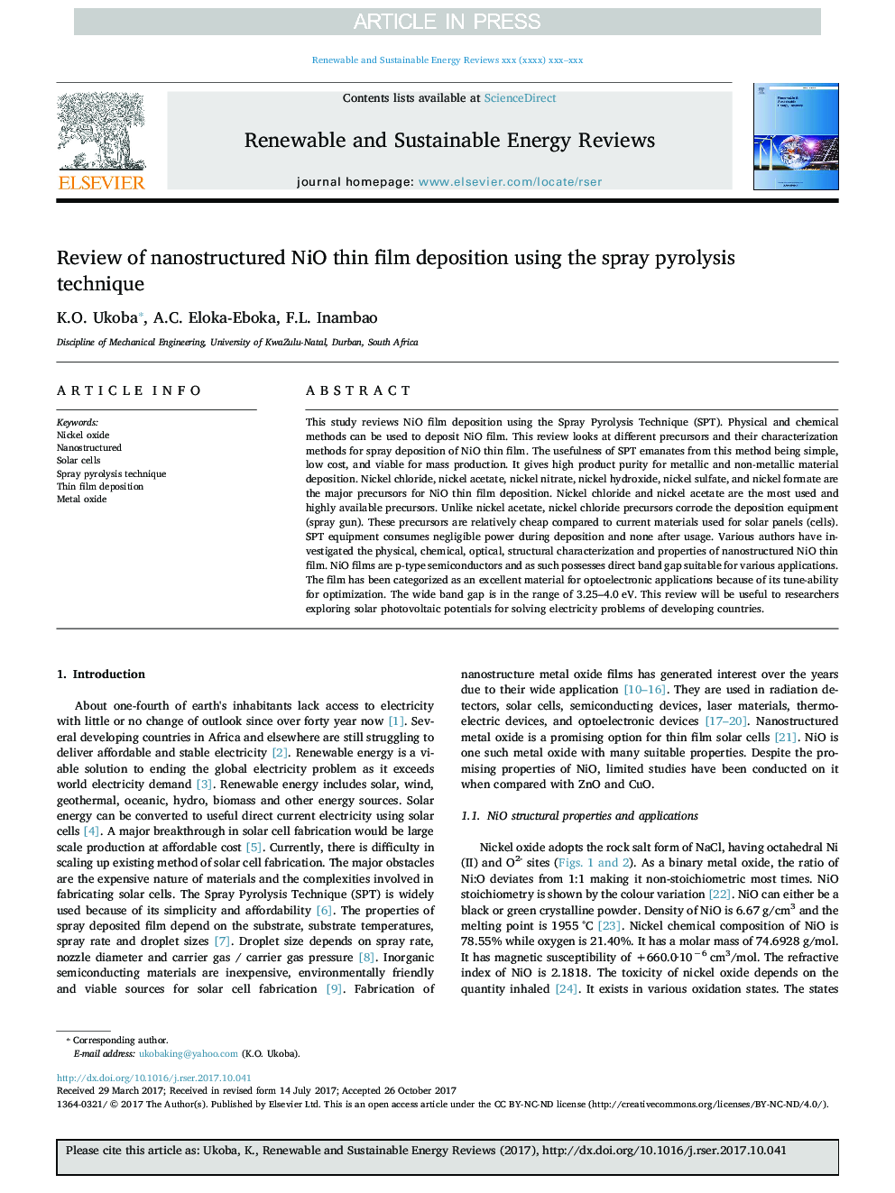 Review of nanostructured NiO thin film deposition using the spray pyrolysis technique