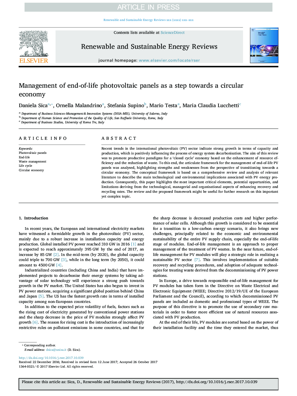 Management of end-of-life photovoltaic panels as a step towards a circular economy