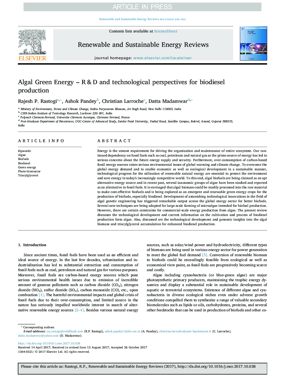 Algal Green Energy - R&D and technological perspectives for biodiesel production