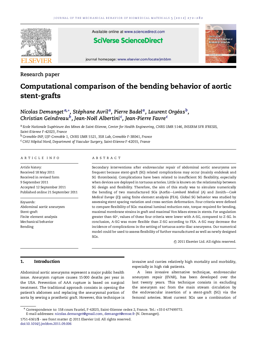 Computational comparison of the bending behavior of aortic stent-grafts