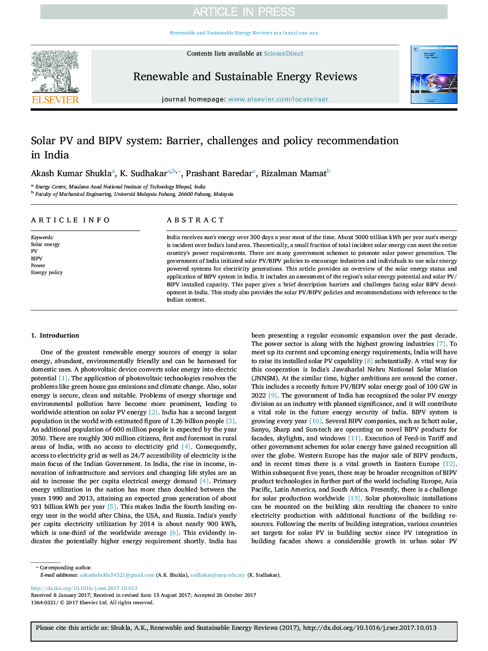عکس صفحه اول مقاله: Solar PV and BIPV system: Barrier, challenges and policy recommendation in India Solar PV and BIPV system: Barrier, challenges and policy recommendation in India
