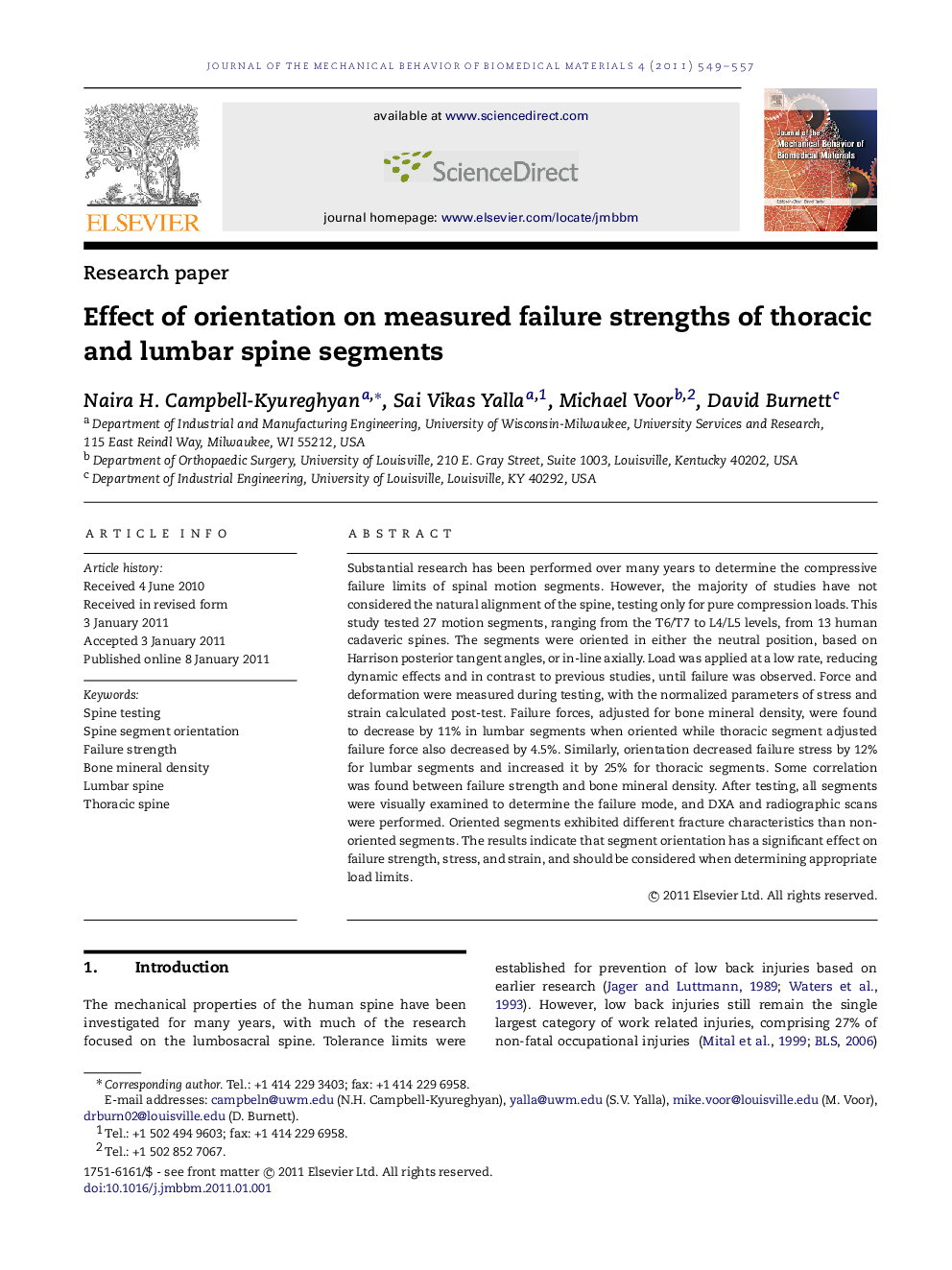 Effect of orientation on measured failure strengths of thoracic and lumbar spine segments