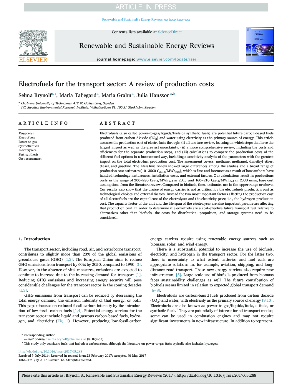 Electrofuels for the transport sector: A review of production costs