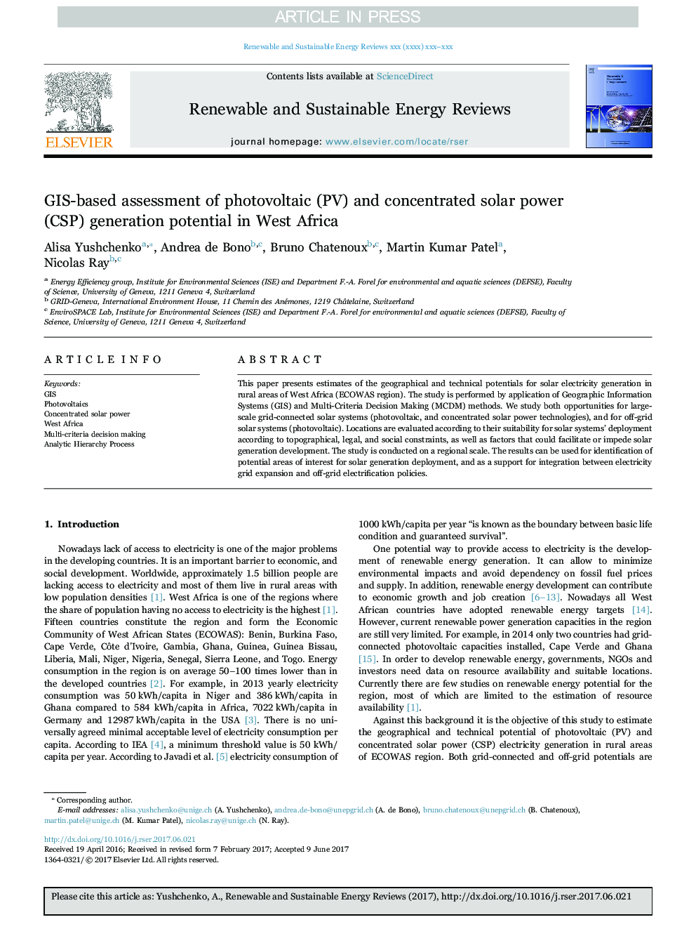 GIS-based assessment of photovoltaic (PV) and concentrated solar power (CSP) generation potential in West Africa