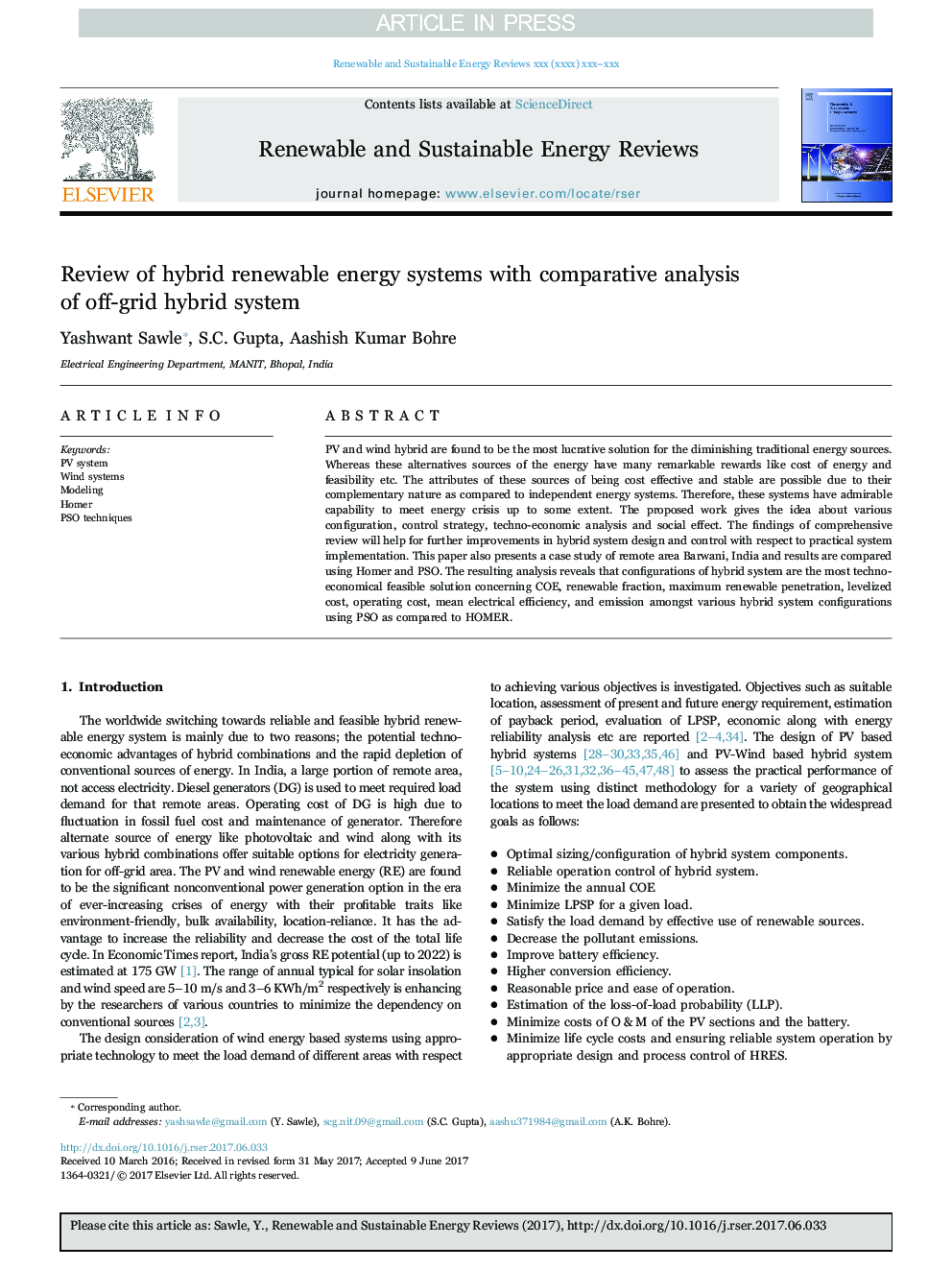 Review of hybrid renewable energy systems with comparative analysis of off-grid hybrid system