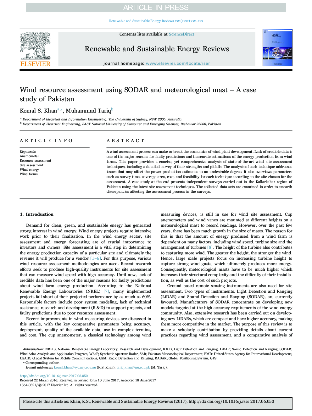 Wind resource assessment using SODAR and meteorological mast - A case study of Pakistan