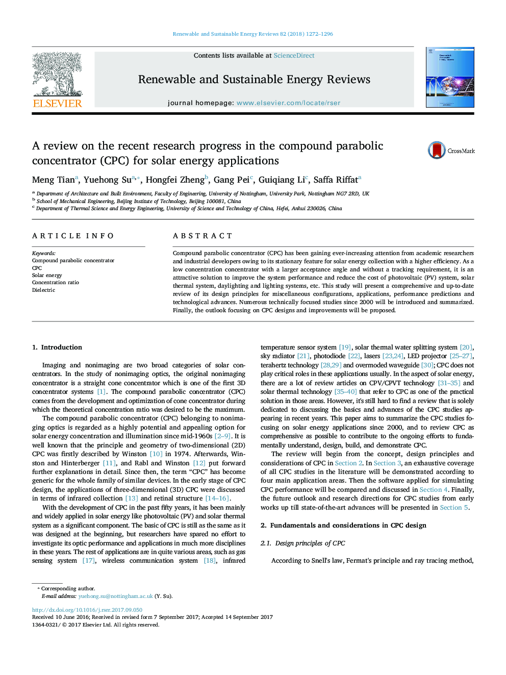 A review on the recent research progress in the compound parabolic concentrator (CPC) for solar energy applications