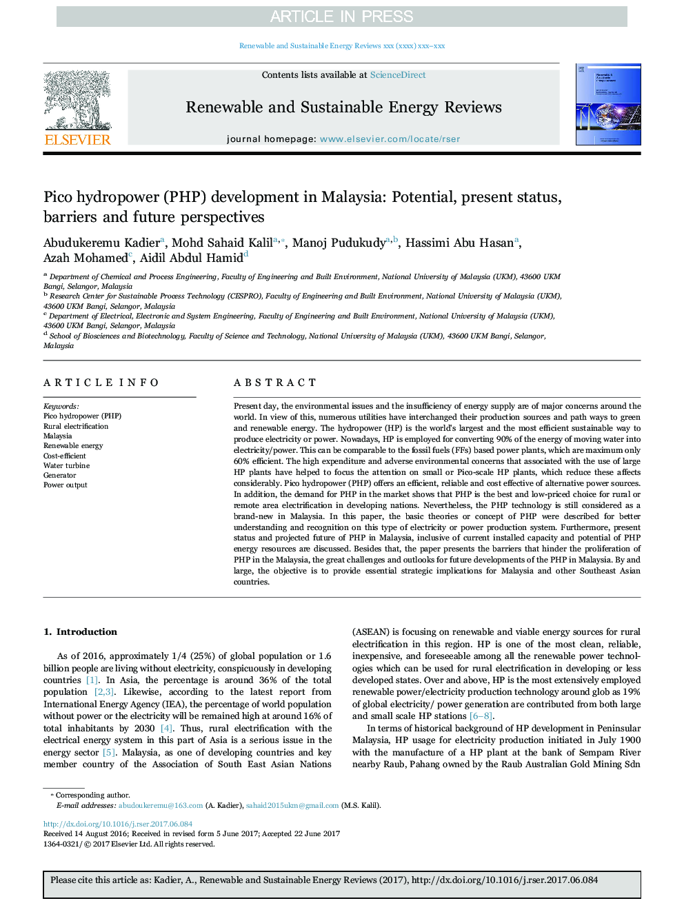 Pico hydropower (PHP) development in Malaysia: Potential, present status, barriers and future perspectives